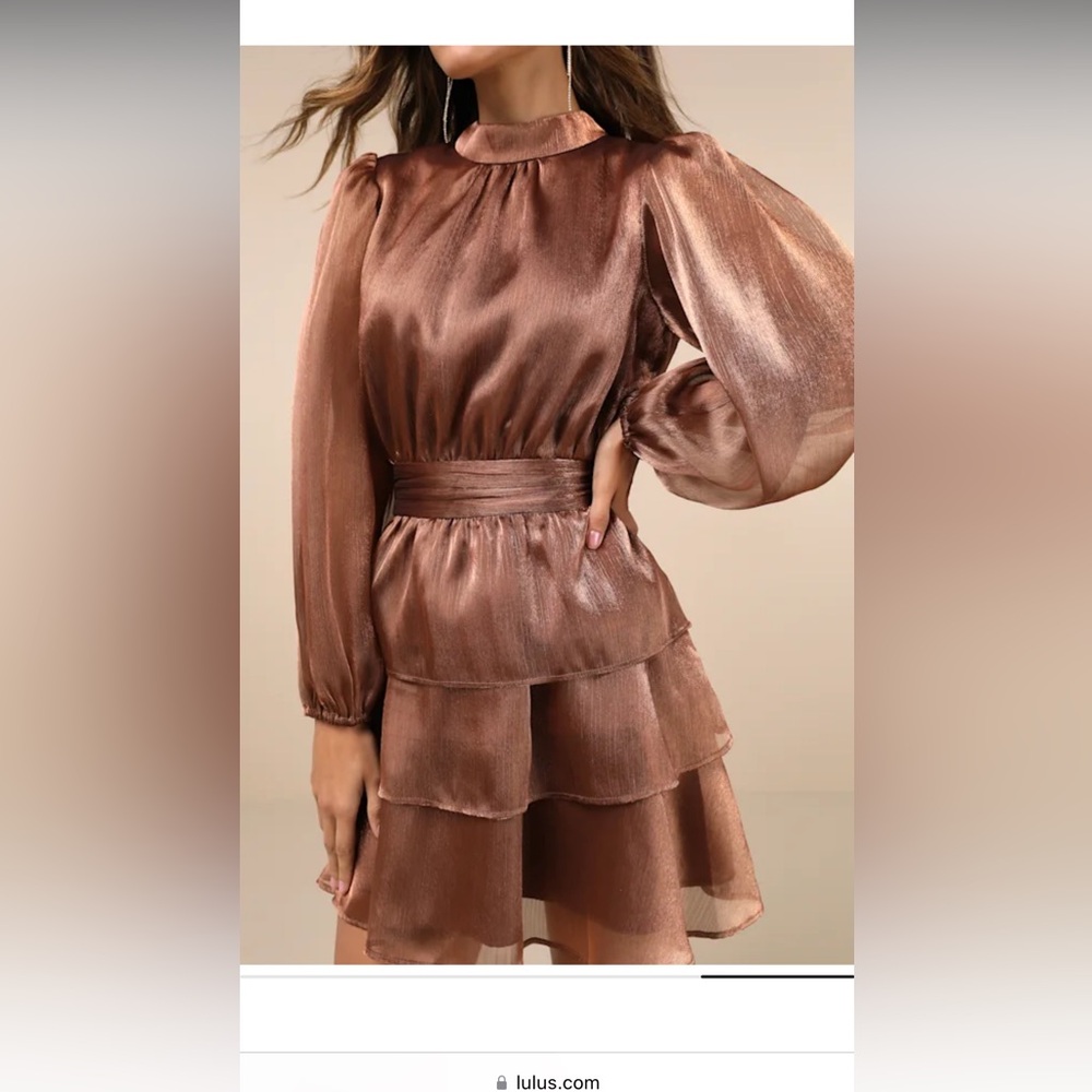 Lulu's Bronze Metallic backless tiered mini dress - Picture 3 of 5